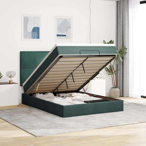 vidaXL Ottoman Bed With Mattress - Dark Green Velvet 140x190cm Storage Bed Frame with Pocket Spring Mattress and Headboard for Bedroom