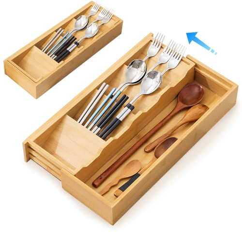 Besteckkasten für Schubladen aus Bambus ausziehbar bis 24cm, Erweiterbarer Besteckaufbewahrung, Küchen Aufbewahrung & Organisation, Schubladentrenner, Gabeln, Besteck, Messer - 40 cm