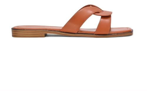 ESSEX GLAM Women's Slip On Slider Ladies Flat Open Toe Summer Holiday Tan Faux Leather Casual Sandals Size 4