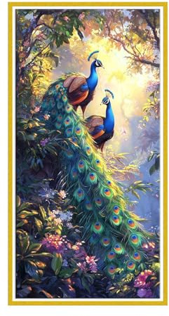Diamond Painting Adulte Grand Format, Peinture Diamant Forêt paon Diamant Strass Point de Croix Cristal Painting, 5D DIY Kit de Peinture Diamantée Cadeaux Décoratio Murale D'intérieur 70x140cm e-606