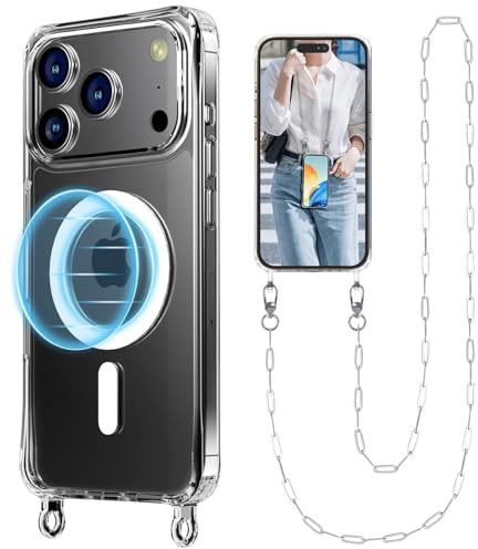 UnnFiko Crossbody Phone Lanyard for iPhone 17 Pro Max Case Compatible with Magsafe Clear, Metal Phone Strap Phone Case Shockproof Protection, Magnetic Phone Case for iPhone 17 Pro Max(Silver Lanyard)