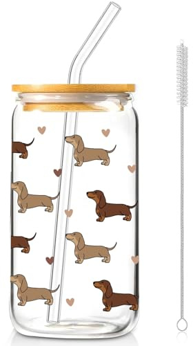 Dackel Glas, 16oz Dackel Tasse Geschenke für Frauen Männer, Dachshund Trinkglas mit Holzdeckel, Strohhalm und Straw Brush, Ideal für Kaffee Milchshake Cocktail
