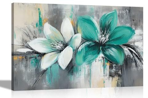 Artley Prints - Abstract Graffiti Style Teal White Flowers Canvas Wall Art Prints Garden Decoration Home Office Bedroom Pictures Extra Large 101 x 76cm (40 x 30 inches)