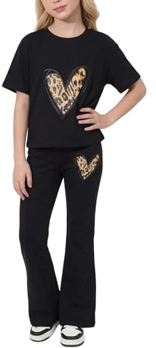 Valcatch Girls Clothes Tracksuits Set 2 Piece 8-12 Years | Activewear Tshirt and Flared Leggings Featuring Cute Heart Bow Print on Breathable Soft Fabric for School Gym Street Dance