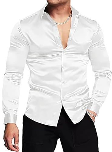 RYTEJFES Chemise Annee 70 Homme Costume 80 Tenue Soiree Manches Longues Disco Deguisement Satin Déguisement Brillante Paillette
