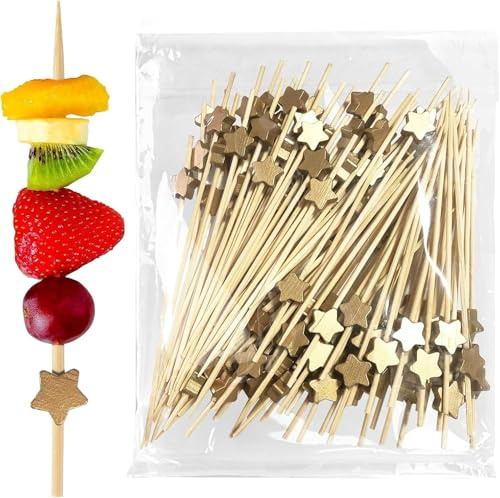 KIMHOME 100 unidades de palillos para cócteles, palillos de bambú con estrella dorada para bebidas, fiestas, fruta, comida y tablas de embutidos.