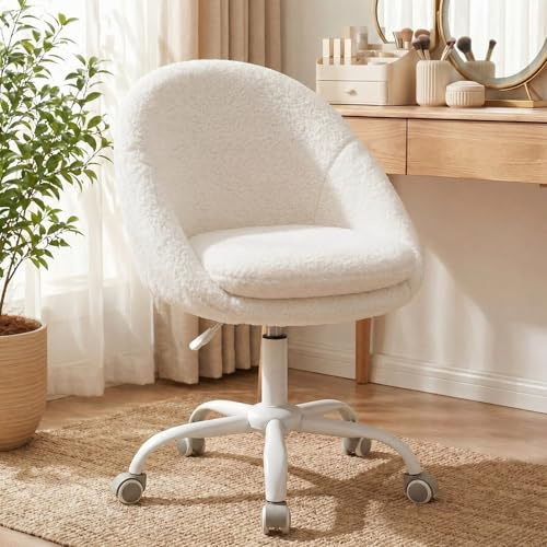 Hellove Schminkstuhl aus Sherpa, Bürostuhl höhenverstellbar mit Rückenlehne, Schminktisch Stuhl Schreibtischstuhl drehbar mit Rollen, bequemer Drehstuhl für Homeoffice, Schlafzimmer – Weiß