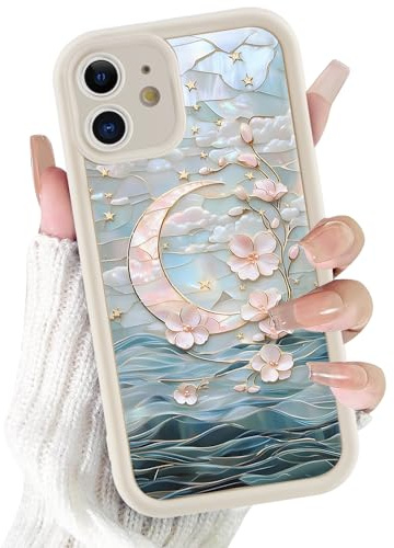 Yoedge Aesthetic Flower Phone Case for iPhone 11 6.1'', Cute Moon Cherry Blossom Ocean Stained Glass Case, Shockproof Soft Slim TPU Full Lens Protective Silicone Cover for Women Girls
