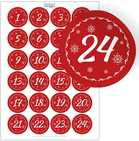 Adventskalender-Zahlen Aufkleber 1 bis 24 / rot Vintage/Etiketten/Sticker/Weihnachtskalender/Advent/Rund/DIY/zum Aufkleben