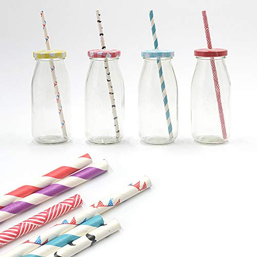 Retro Mini Milk Glass Bottle School Vintage Tea Bottles with Lid Straw for Party Wedding 250ML Drinkware Sets of 4