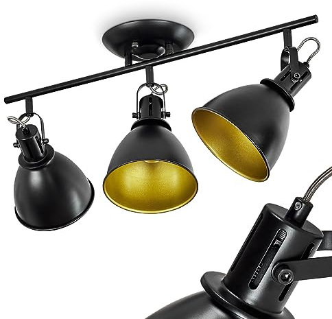 Deckenleuchte Koppom, Deckenlampe aus Metall in Schwarz/Gold, 3-flammig, mit verstellbaren Strahlern, 3 x E14-Fassung, Spot im Retro/Vintage Design, ohne Leuchtmittel