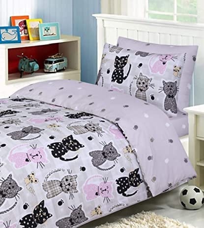 Indus Textiles Kids Duvet Cover Sets 100% Cotton Reversible Toddler Duvet Cover Fitted Sheet Pillowcase - Sweet Kitten