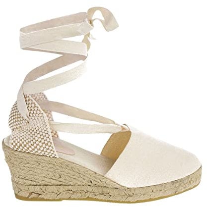 PAYMA - Sandali Classici da Donna con Zeppa in Juta Sparto. Cinturini alla Caviglia. Fatto in Spagna. Zeppa di Media Altezza. Suola Interna Imbottita in tessuto. Colore: Beige. Taglia: EU 38