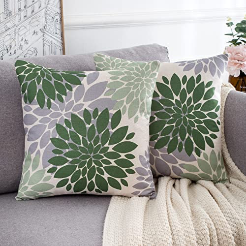 2 Stück Outdoor Kissenbezug 45x45cm Leinen Kissenbezüge Sofakissen Dekorativ Couchkissen Dahlie Blume Kissenhülle Geometrische Sommer Dekokissen für Sofa Wohnzimmer,Grün und Grau