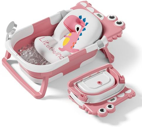 Bañera Plegable Bebé Con Cojín De Baño Antideslizante - Bañera Bebe Plegable Con Termómetro - Asiento bañera Bebe - Desde El Nacimiento Hasta Los 3 Años - Regalos De Nacimiento (ROSA, DINO)