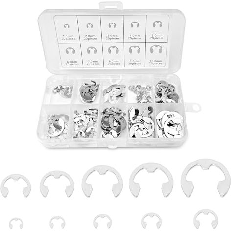 Ceisazira 200 Piezas Anillo de Retención Externo Plata, Circlip E-Clip Snap de Acero Inoxidable, Arandelas de Seguridad 10 tamaños 1.5-10mm, Anillos de Seguridad para Hardware de Sujeción de Eje