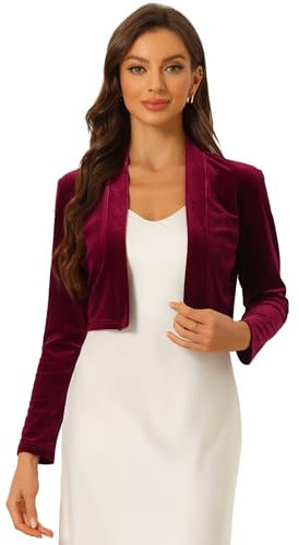 Allegra K Velvet Shrug for Women Long Sleeve Open Front Cardigan Cropped Bolero Jacket Dark Red S