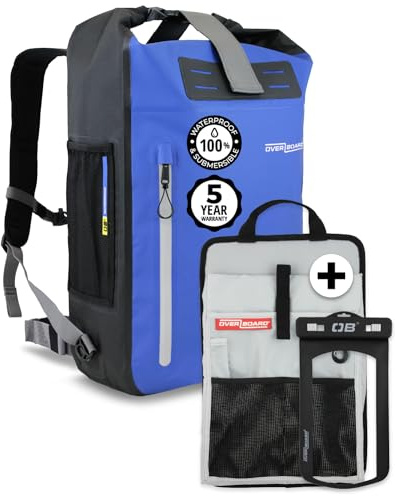 Overboard Blauer wasserdichter Rucksack, 30 l, Roll-Top, schwimmender Trockensack für Kajakfahren, Strand, Bootfahren, Wandern, Angeln, Rafting | inkl. wasserdichter Handytasche und Rucksack-Organizer