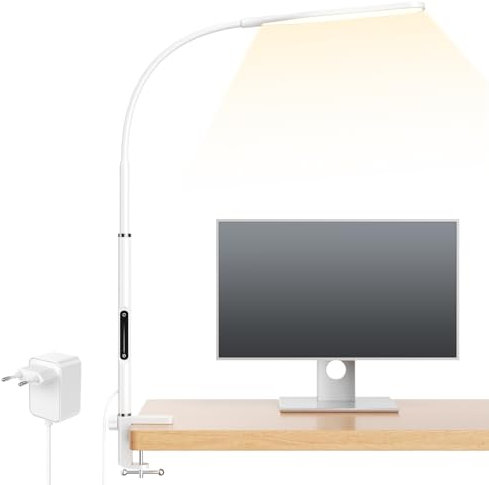 anyts LED Schreibtischlampe Klemmbar, Stufenlos Dimmbar Architektenlampe Schreibtisch mit Schwenkarm, Fernbedienung, 4 Farbtemperaturen Arbeitsleuchte für Büro
