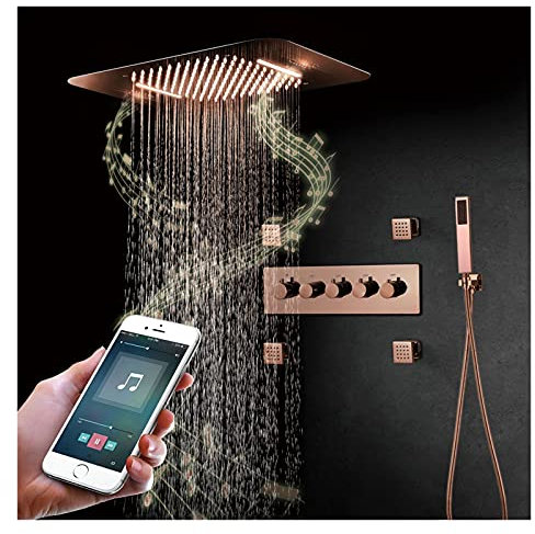 Shower System Music Shower Faucet Set Thermostatic Shower Combo Set Rose Gold Rain Mixer Combo Set with Rainfall Shower Head, Handheld Sprayer, Body Jets,Phone Control (Knock Check A) (Remote Co