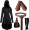 CNVAUIE Mittelalter Kleidung Kostüm Damen Set Mittelalterliches Kapuzenkleid Set Renaissance Kostüm Set mit Armschützern Gürtel Gürteltasche Strümpfe Zubehör (schwarz, M)