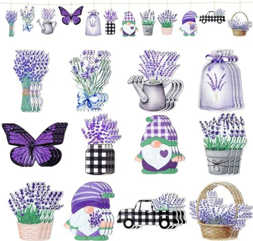 24 Pcs Spring Summer Tree Ornaments, Lavender Wood Hanging Ornament Decorations Spring Summer Wooden Flowers Tree Decorations Crafts Decor for Home Shop Decoration Party Supplies