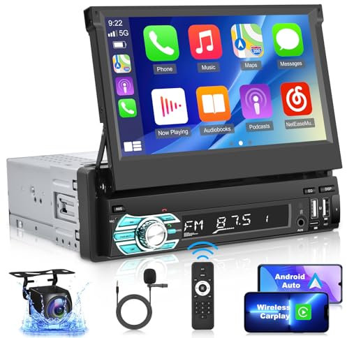 Radio Coche Bluetooth Pantalla con Inalámbrico Carplay y Android Auto - 7 Pulgadas Radio Pantalla 1 DIN Voltea la Radio del Coche con Enlace Espejo/FM/USB/AUX/SWC + Cámaras De Marcha Atrás