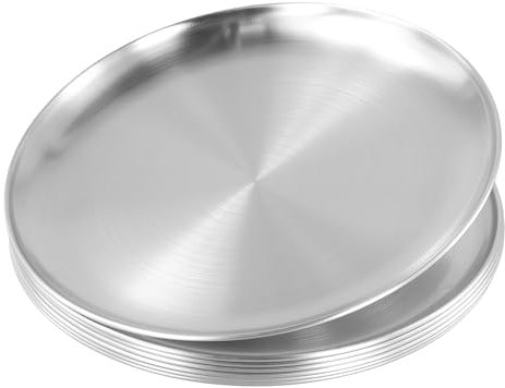 FUNSUEI 8 Stück 26cm Edelstahl Teller, Edelstahl Rundes Geschirr Camping Edelstahlteller, Silber Unterteller Rund Servierteller für Camping, Küche, Party
