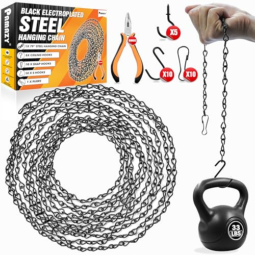 [Upgraded] 79” Black Electroplated Steel Hanging Chain with S-Hooks, Snap Hooks, Ceiling Hooks & Pliers, 33LBS Load Capacity, Adjustable Length for Hanging Bird Feeders, Planters, Lanterns, Billboards