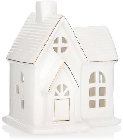 com-four® LED-Haus aus Porzellan - batteriebetriebenes Leuchthaus - weißes glänzendes Deko-Lichthäuschen für Winter und Weihnachtsdekoration (Haus - 13.5cm)