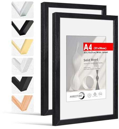 HIMEETIME® 2x Bilderrahmen DIN A4 21x30 cm Schwarz Holz Fotorahmen aus Massivholz Rahmen 21x29,7cm,Bild mit Passepartout Display 10x15cm,für Wandbehänge oder Tischdekoration