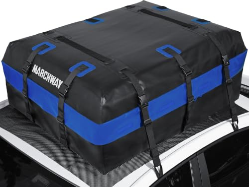 MARCHWAY Waterproof Car Roof Luggage Bag, Weatherproof Soft Shell Rooftop Cargo Carrier Bag for Vehicles with or without Rack. 6 Door Hooks, Anti Slip Mat, Lock Included (21 Cubic Feet, Blue)