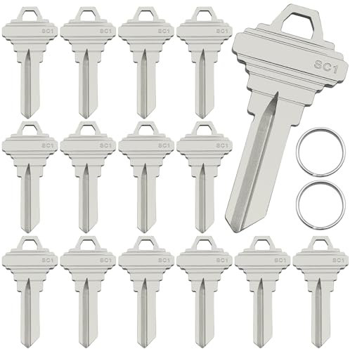 AYWFEY SC1 Blank Key Blanks, Pack of 15 Premium Brass Uncut Blank Keys Compatible with 5-Pin Locks, Copper Structures Blank Keys for Residential & Commercial Locks, with 2 Key Rings