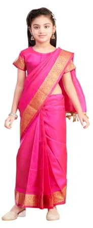 Aarika Girls Ethnic Wear Blue Colour Zari Silk Saree, Rani, 5-6 Y