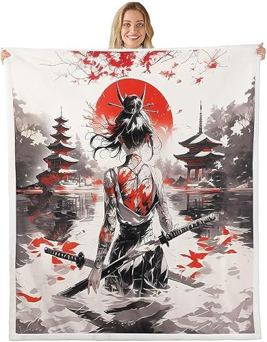 Homemissing Japanische Frau Decke 150x200cm Japanische Ukiyoe Wohndecke für Kinder Mädchen Jungs Japanischer Stil Kuscheldecke Traditionelle Retro Thema Flanell Fleecedecke