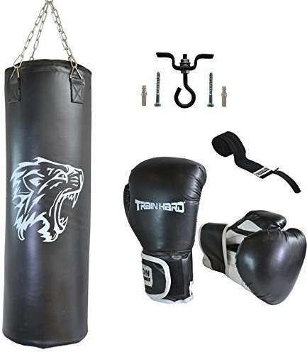 TrainHard Boxset: Boxsack 90cm lang + Boxhandschuhe 12OZ + Bandage + Deckenhalter