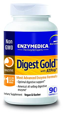 Enzymedica Digest Gold, High Potency Digestive Enzymes with ATPro, Supports Digestion of Fats, Protein, Carbs and Fibre, Helps with Occasional Bloating, 90 Vegan Capsules, Gluten Free, Non-GMO