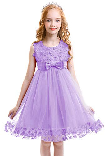FYMNSI Vestito da Ragazza Festa Elegante Fiori in Pizzo 3D Senza Maniche Corto Principessa Bambina Abiti Sera Sposa Cerimonia Damigella Comunione Compleanno Cocktail Estate Abito Viola 6-7 Anni