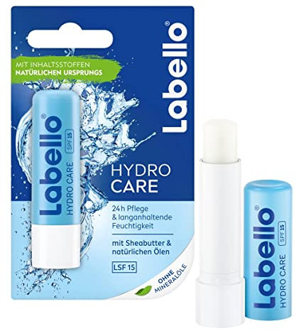Labello Hydro Care im 1er Pack (1 x 4,8 g), Lippenpflege ohne Mineralöle für trockene Lippen, Lippenpflegestift mit LSF 15 und Sheabutter für pflegenden Lippenschutz
