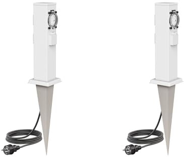 ledscom.de 2 Stück Garten-Steckdosen-Säule Polly mit Erdspieß und 2m Kabel für außen, 3-Fach mit Timer/Zeitschaltuhr, Edelstahl, eckig, weiß, 38cm