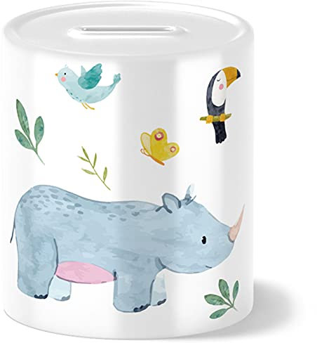 OWLBOOK® Safari Narshorn Kinder Spardose Kinder Junge Mädchen | Geschenke zur Einschulung | Taufgeschenke | Geschenk Taufe Geburt Geburtstag | Sparschwein | Sparbüchse | Wiederverschließbar