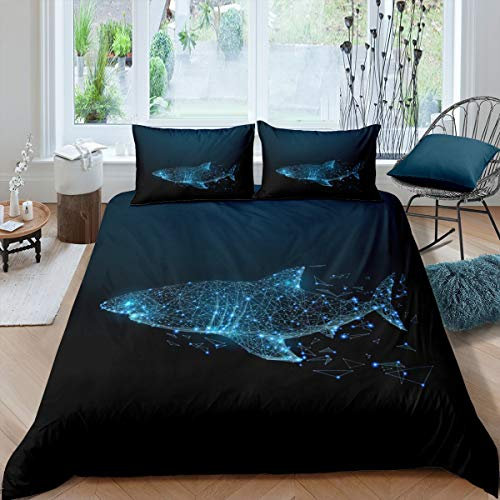 Homewish Hai Tröster Bezug Set, Unterwasser Word Bettbezug Ocean Life Bettbezug Für Kinder Jungen Mädchen Schlafzimmer, Dekorative 2 Stück Bettwäsche Set Mit 1 Kissenbezug, 135x200, Schwarz Blau