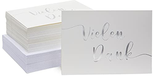 48 Dankeskarten Vielen Dank mit Umschlägen, Silberfolien-Aufschrift, DIN A6, Weiß