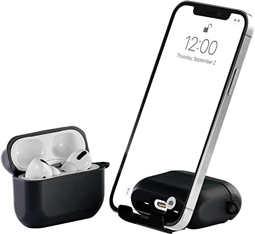 AirStand - AirPods Pro Case Cover mit unsichtbarem Telefonständer, kompatibel mit AirPods Pro, voller Schutz TPU & PC stoßfestes Gehäuse mit Schlüsselanhänger Karabiner (Schwarz)