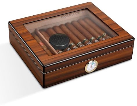 CIGARLOONG Cigar Humidor Brown 20-25 Desktop Cedar Wood Lined Cigar Storage Box with Hygrometer and Humidifier
