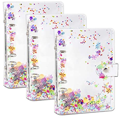 3 STÜCKE A5 Binderhülle, transparentes weiches PVC 6-Loch-Ringbuch, nachfüllbarer Papierbinder mit Glitzerpailletten, wasserdichte Loseblatt-Notizbuchmappe, Binderhülle für Schule, Heimbüro