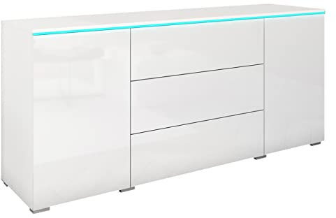 Mirjan24 Kommode Doppo 150 mit 3 Schubladen und 2 Türen, Griffloses Öffnungssystem, Anrichte, Sideboard, Highboard, Mehrzweckschrank, Wohnzimmer (Weiß/Weiß Hochglanz, mit weißer LED Beleuchtung)