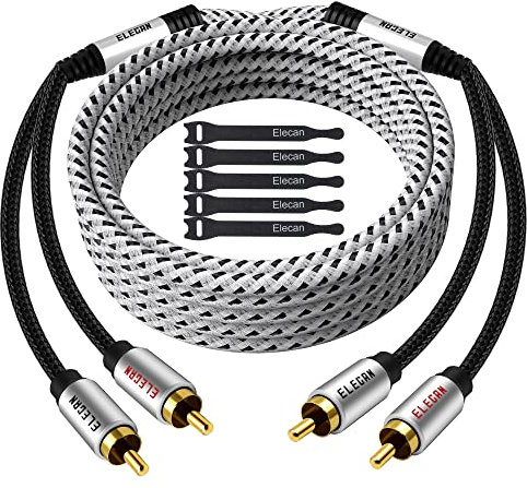 Elecan Cable RCA de alta calidad de 50 pies (sonido de alta fidelidad, blindado AWG, 2 RCA macho a 2 RCA macho, carcasa de aleación de aluminio chapado en oro, cable RCA trenzado de cobre puro para