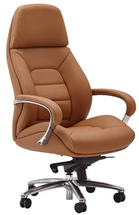 FineBuy Design Bürostuhl Bezug Echtleder Caramel Schreibtischstuhl bis 120 kg, XXL Design Chefsessel höhenverstellbar, Drehstuhl ergonomisch mit Armlehnen & hoher Rückenlehne, Wippfunktion