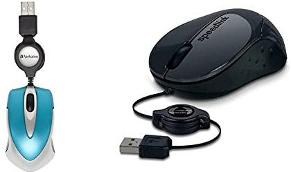 Verbatim Go-Mini optische Travel-Maus,kleine Computermaus mit einziehbarem Kabel Blau & Speedlink BEENIE Mobile Mouse - Maus mit USB Anschluss, justierbarer Kabellänge und geräuschlosen Tasten schwarz